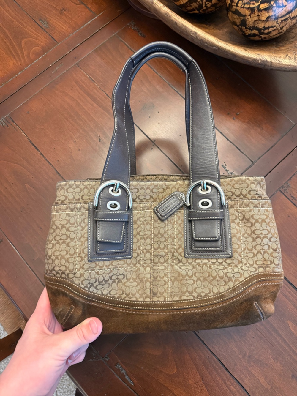 Coach Y2k monogram SoHo canvas/leather tote bag.